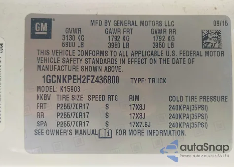 2015 Chevrolet Silverado 1500 Wt из США, поврежденный, VIN 1GCNKPEH2FZ436800